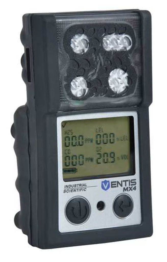 Industrial Scientific, K1234100A01, Ventis MX4, LEL (Pentane), CO, H2S, O2 Slim Extended Li-ion Battery, Desktop Charger, Without Pump, Black, MED, English