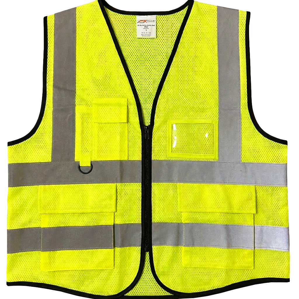 FlemX, Safety Vest P02, Zip Front, 4 pockets, Bird Eye Mesh, 2inch Reflective Tape, Lime Green